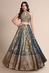 Prussian Blue and Gold Two Toned Tissue Floral Woven Halter Crop Top Lehenga